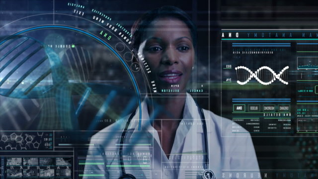 African American female scientist touchscreen DNA research technology medical 