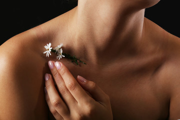 View on woman's neck, collarbone and shoulders, close-up - obrazy, fototapety, plakaty