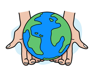 Eco Friendly, a hand drawn vector illustration of 2 hands holding on earth, isolated on a simple background (editable).