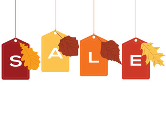 Hanging sale price tag icon with leaves for autumn on white background - 99355794