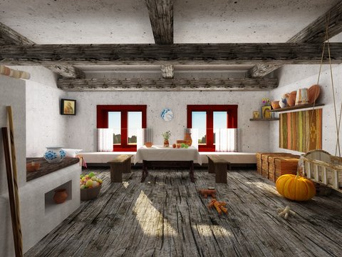 Ethnic Folk Indoors living, white stucco walls, table covered with tablecloth, fruits, chamomiles on the table, earthenware, hardwood floor, carpet on the wall, coffer, apples, oven