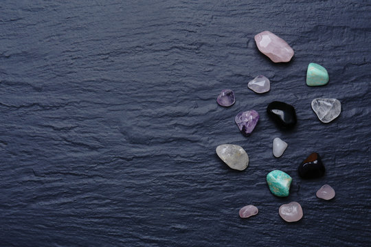 Pile of minerals on grey background
