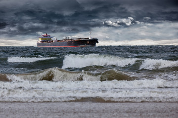 Tanker ship at sea during a storm.