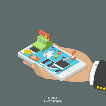 Mobile photo editor flat isometric vector concept.