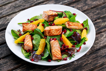 Fresh Salmon Salad with vegetables, pomegranate and orange.