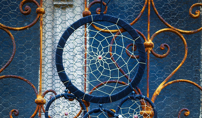 Color feathers . Dream Catcher and ornamental  window on background