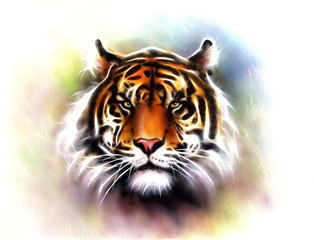 painting of a bright mighty tiger head on a soft toned abstract background eye contact