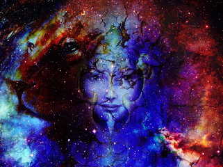 Goodnes woman and lion in space with galaxi and stars. profile portrait, eye contact.