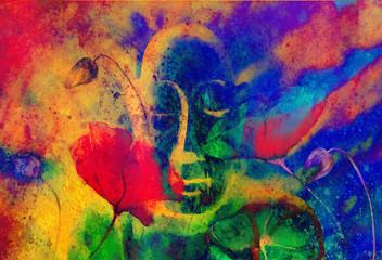buddha and flower, abstract background. computer collage painting. Religion concept.