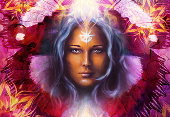 Obraz na płótnie Canvas Beautiful Painting Goddess Woman with ornamental mandala and butterfly wings and color abstract background and eye contact.