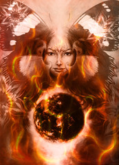 Painting Goddess Woman with bird phoenix on your face  with ornamental mandala and butterfly wings and color abstract background  and eye contact, and fire with desert crackle.