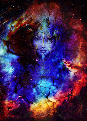 Fototapeta na wymiar Goodnes woman and lion in space with galaxi and stars. profile portrait, eye contact.