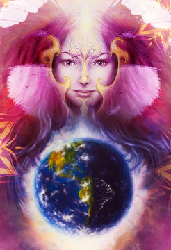 Beautiful Painting Goddess Woman with ornamental mandala and color abstract background  and desert crackle and earth.