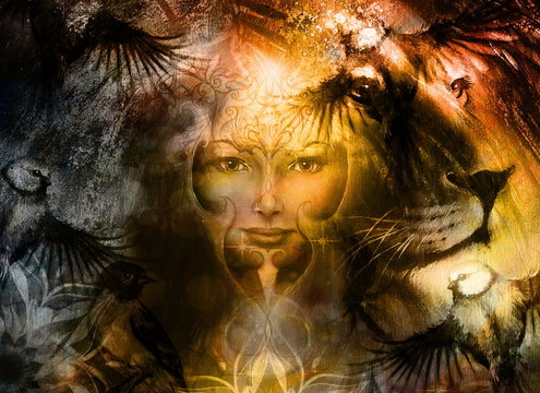 painting mighty lion head, and mystic woman face with bird phoenix tattoo on face, ornament background. computer collage.