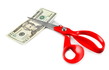 Scissors cut dollar banknote, isolated on white