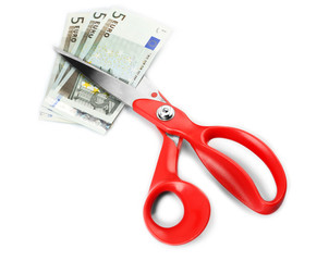 Scissors cut euro banknotes, isolated on white