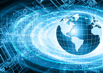 Best Internet Concept of global business. Globe, glowing lines on technological background. Electronics, Wi-Fi, rays, symbols Internet, television, mobile and satellite communications