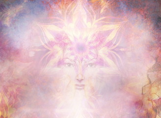 Beautiful Painting Goddess Woman with ornamental mandala and color abstract background  and desert crackle..