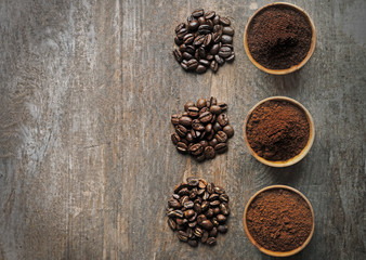 Collection of coffee on old wooden table, close up