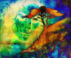 Goddess woman, with ornamental face and tree, and color abstract background. meditative closed eyes.