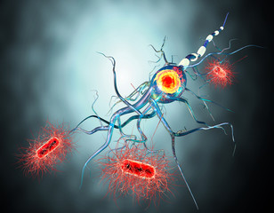 Affected nerve cell and virus isolated on black, concept for Neurological Diseases, tumors and brain surgery. 