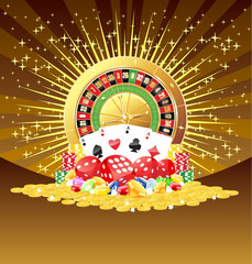Roulette, cards, dices, chips, gemstones and golden coins background