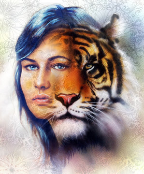 painting of a bright mighty tiger head on ornamental background and mystic woman face, computer collage. Brown, orange, yellow, black and white color.