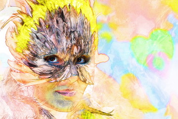 computer painting collage young indian woman wearing a feather headdress, a profile portrait on structured abstract background