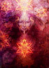 Beautiful Painting Goddess Woman with ornamental mandala and color abstract background  and desert crackle..