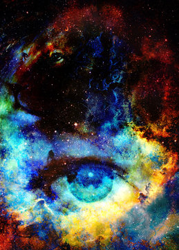 Goodnes woman eye and lion in space with galaxi and stars. profile portrait, eye contact.