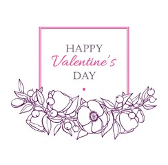 Happy Valentines Day card with hand drawn botanical flower branc