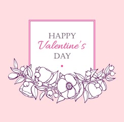 Happy Valentines Day card with hand drawn botanical flower branc