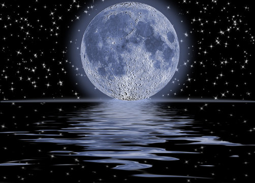 Dark night full moon over water