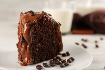 Piece of chocolate cake on a table