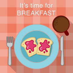 Breakfast table with toasts and strawberry jam on a plate, cup of coffee, fork and knife.