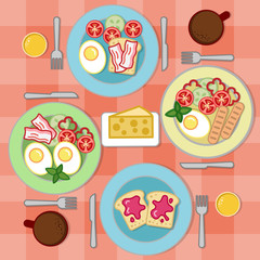 Family breakfast table illustration top view with different traditional meal, cups of coffee and glasses of fresh juice.