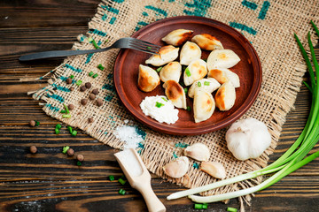 Ukrainian and china national cuisine , fried dumplings with meat or potatoes with sour cream or mayonnaise , green onions, garlic , pepper and spices on a wooden background