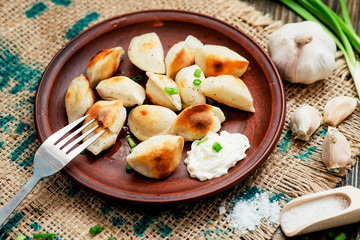 Ukrainian and china national cuisine , fried dumplings with meat or potatoes with sour cream or mayonnaise , green onions, garlic , pepper and spices on a wooden background