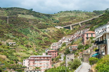 Houses on the hillside in Riomaggiore, Italy.