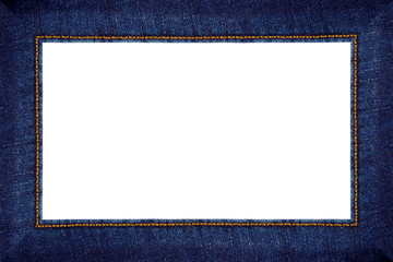 Frame of stitched blue jeans isolated on white background