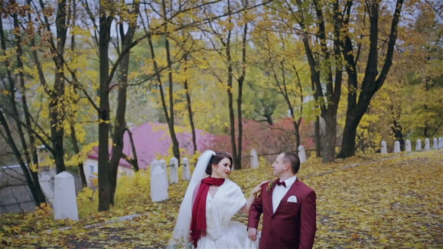 Brides walk in the autumn forest