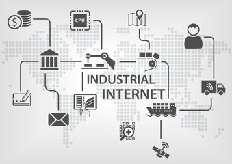 Industrial Internet (IOT) concept with world map and process flow for business automation of industries.