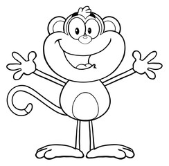 Black and White Happy Monkey Cartoon Character With Open Arms