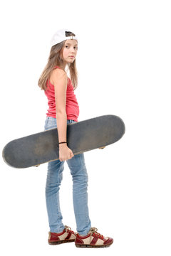 pretty little girl  with skateboard  over white background