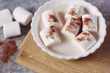 Hot cacao with marshmallow on cotton serviette