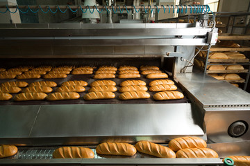 Hot baked breads on a line