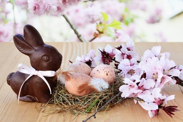Fototapety  Wielkanocne tło, karta z pisanki, czekoladowy króliczek i różowe wiosenne kwiaty