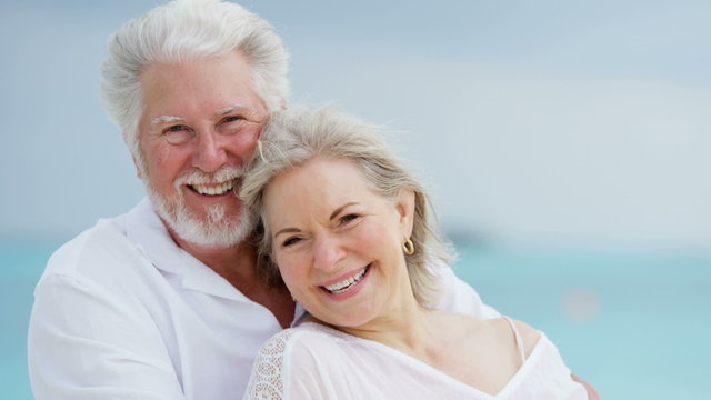 Portrait of a romantic senior Caucasian couple on an island beach