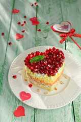 Layered salad from vegetables on the holiday table. Wedding day.