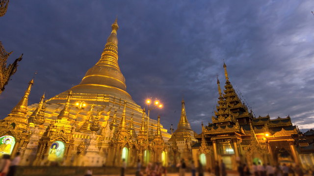 Time Lapse Night to Day Golden Shwedagon Pagoda Landmark Place Of Yangon Myanmar